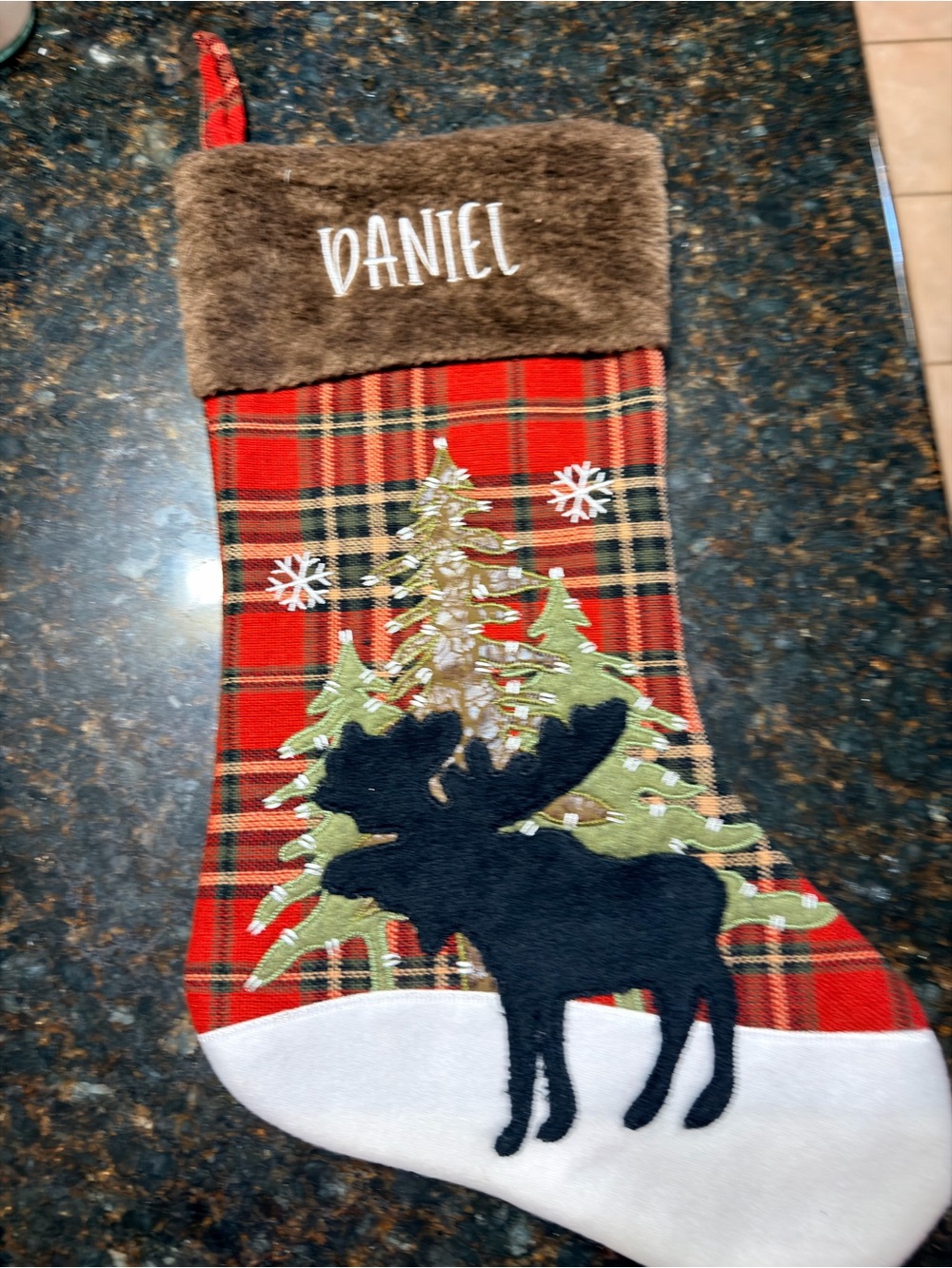 NWOT - ALREADY Embroidered with DANIEL Plaid Moose 18.5" Christmas Stocking